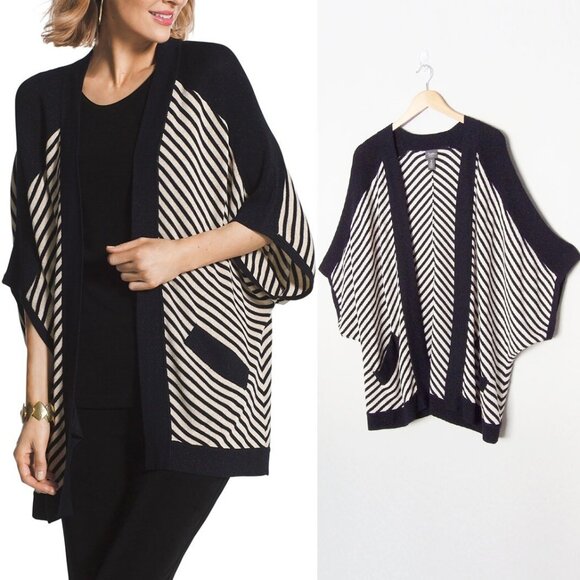 Chico's Sweaters - Chico's Travelers Collection Striped Cardigan Sweater Dolman Kimono Open Front L